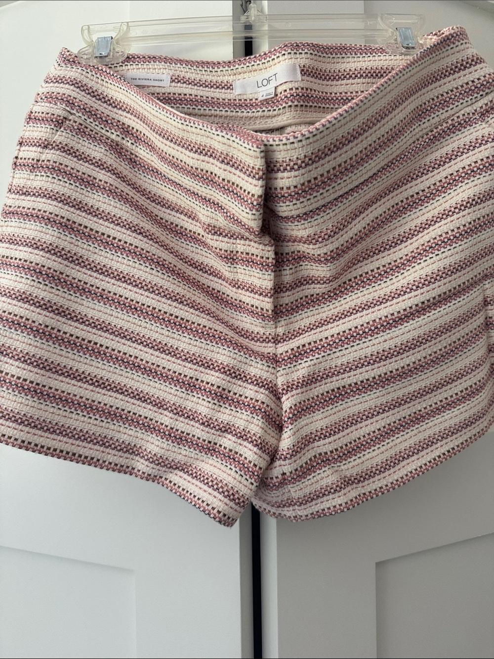 LOFT Pink and Cream Striped High-Waist Tweed Shorts with gold sparkle twine